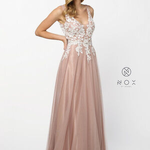 White Lace V-Neckline Beige A-Line Dress NXG048